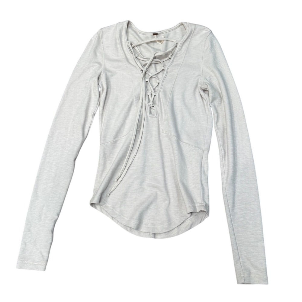 Free People Long Sleeve Lace Up V Neck Top Light Gray Size XS